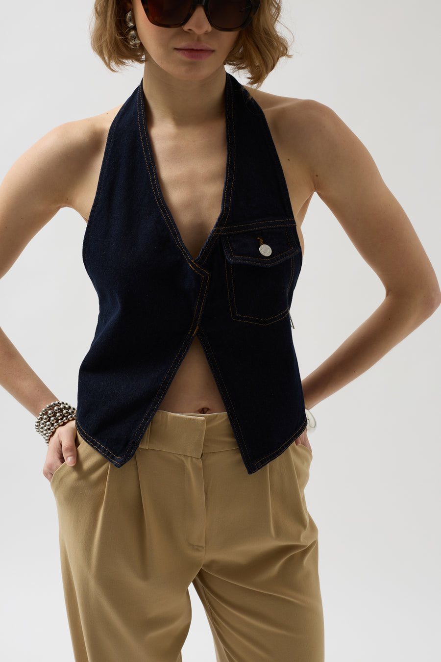 Asymmetric Denim Blue Vest 