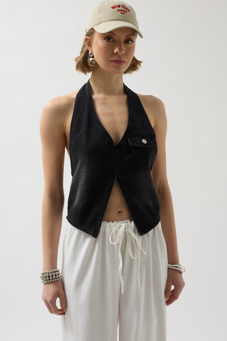 Asymmetrical Denim Black Vest 