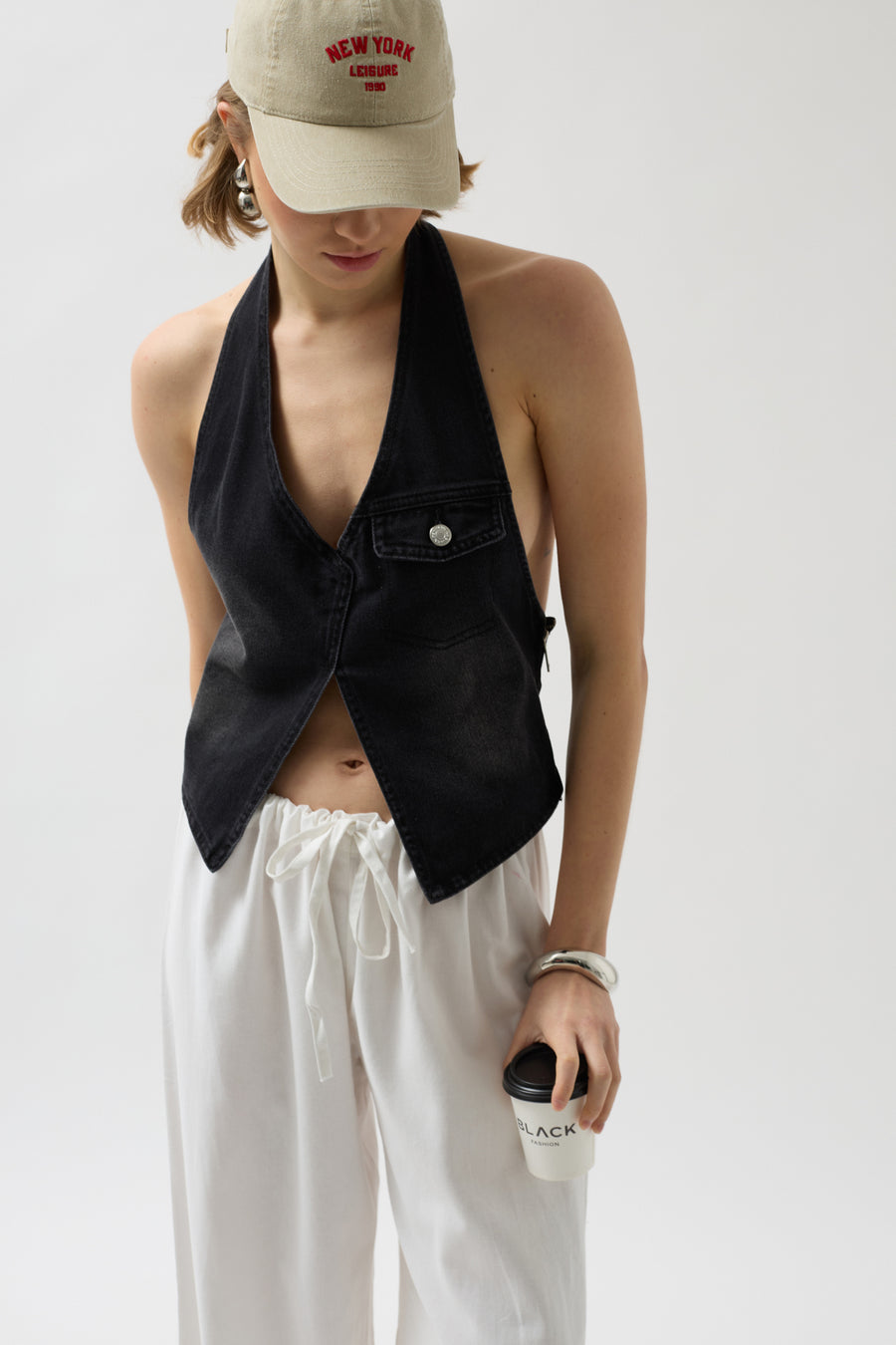 Asymmetrical Denim Black Vest 