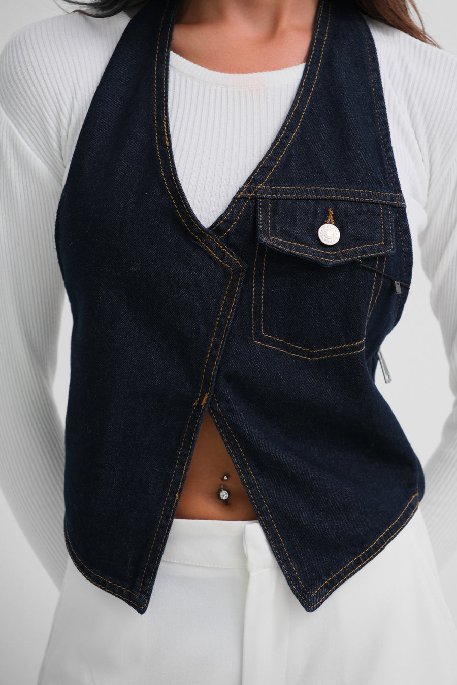 Asymmetric Denim Blue Vest 