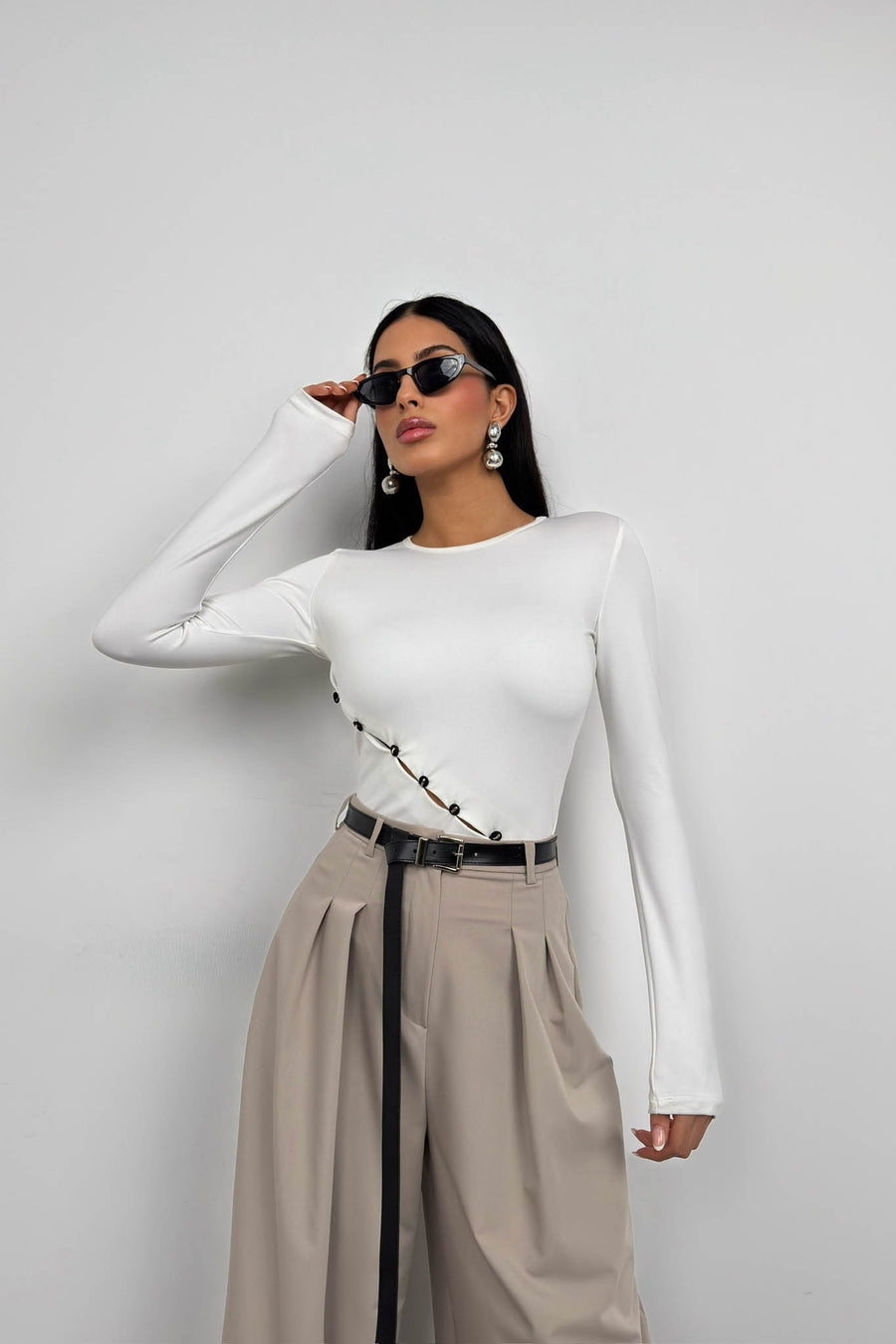 Asymmetric Button Detail Long Sleeve White Blouse 