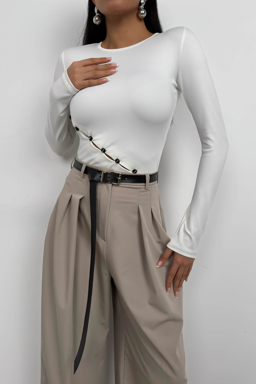 Asymmetric Button Detail Long Sleeve White Blouse 