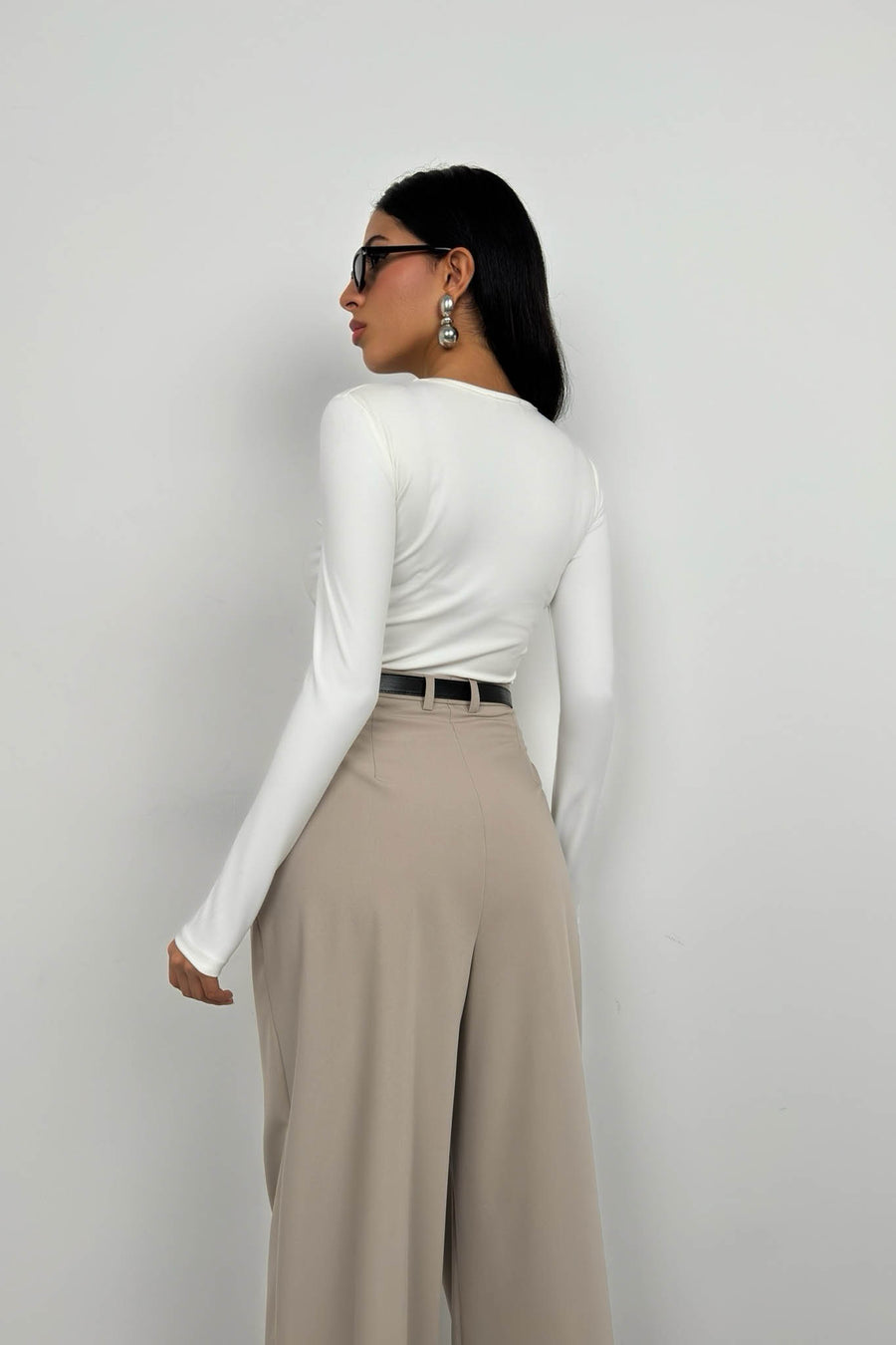 Asymmetric Button Detail Long Sleeve White Blouse 