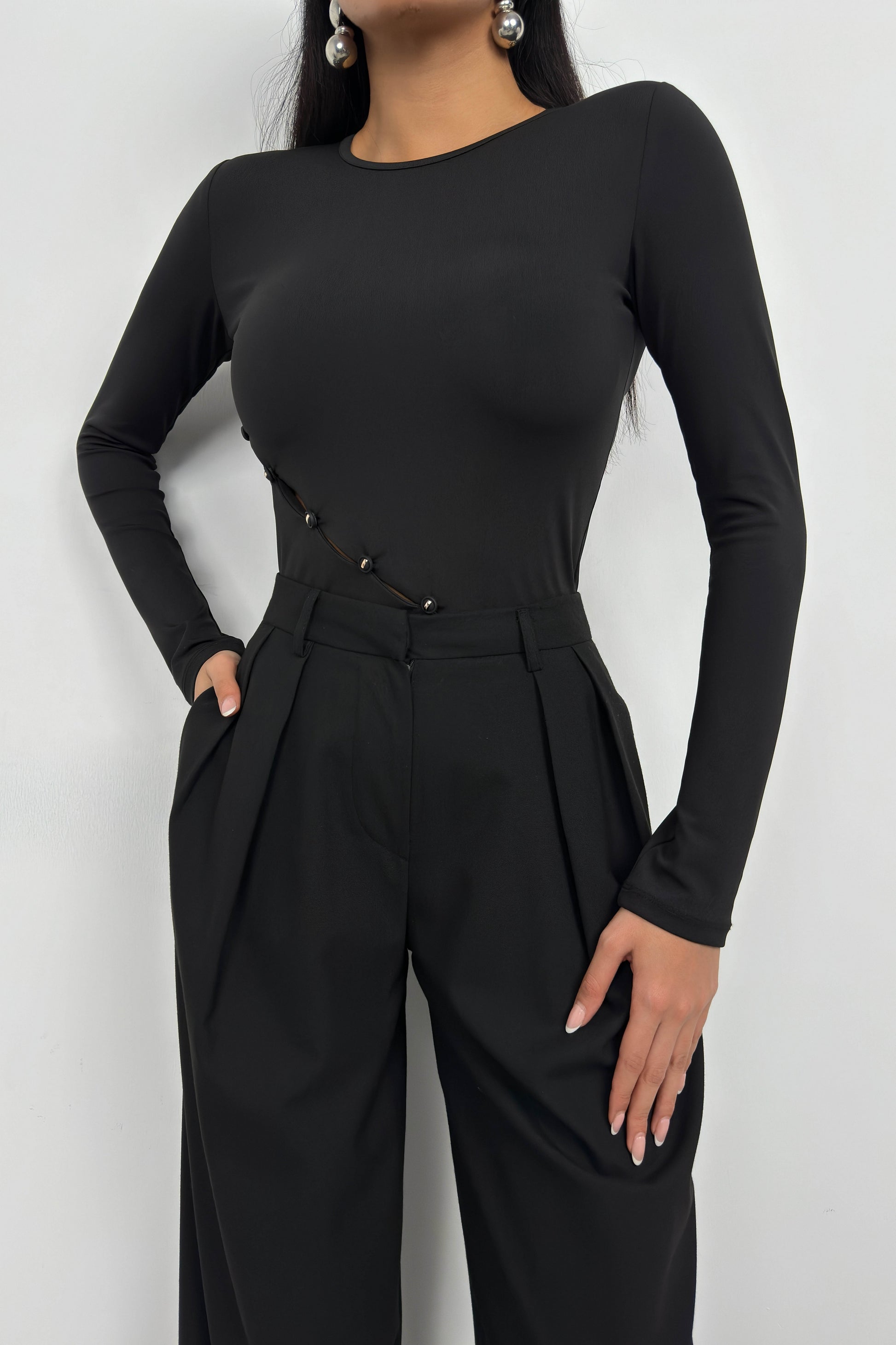 Asymmetric Button Detail Long Sleeve Black Blouse 