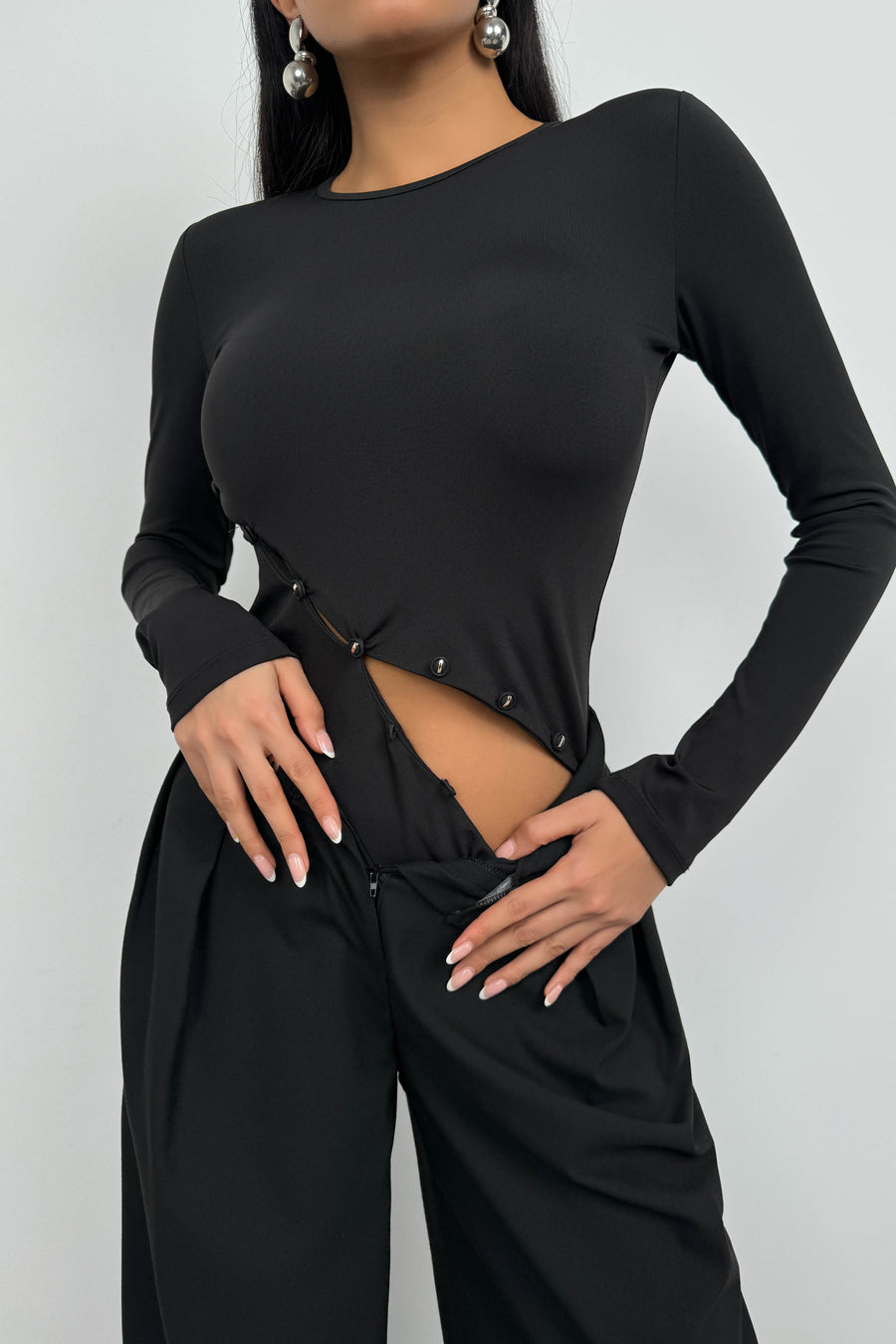 Asymmetric Button Detail Long Sleeve Black Blouse 