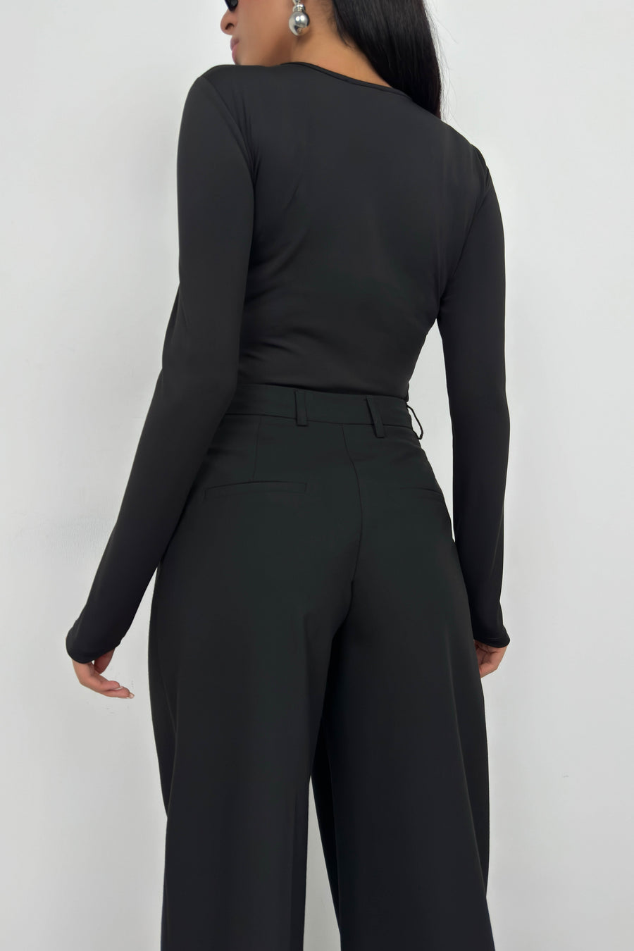 Asymmetric Button Detail Long Sleeve Black Blouse 