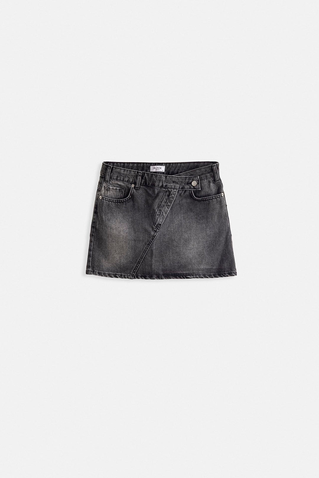 Asymmetrical Belt Denim Mini Black Skirt