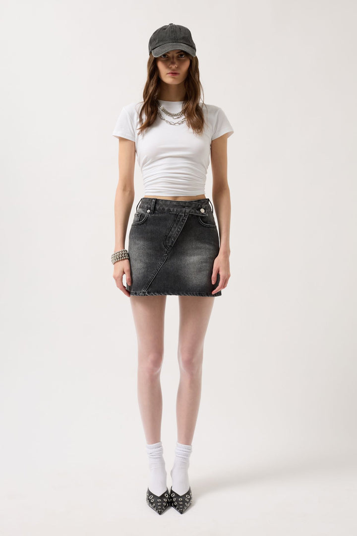 Asymmetrical Belt Denim Mini Black Skirt