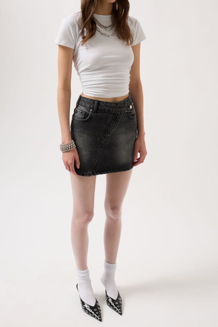 Asymmetrical Belt Denim Mini Black Skirt