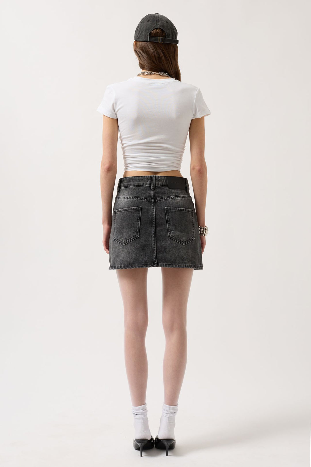 Asymmetrical Belt Denim Mini Black Skirt