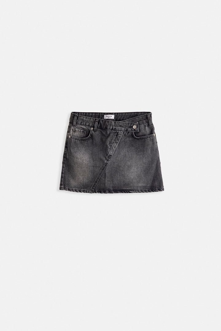 Asymmetrical Belt Denim Mini Black Skirt
