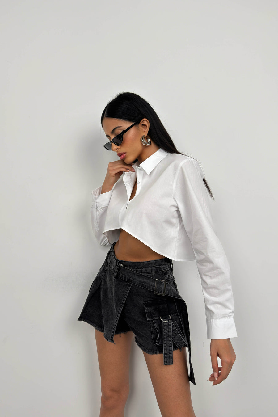 Asymmetric Cut White Crop Shirt 