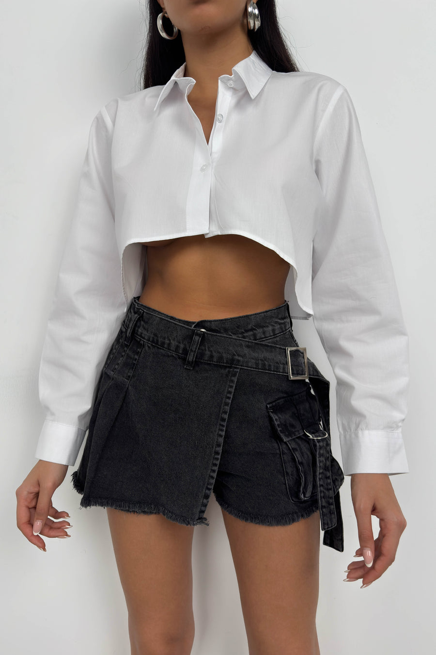 Asymmetric Cut White Crop Shirt 