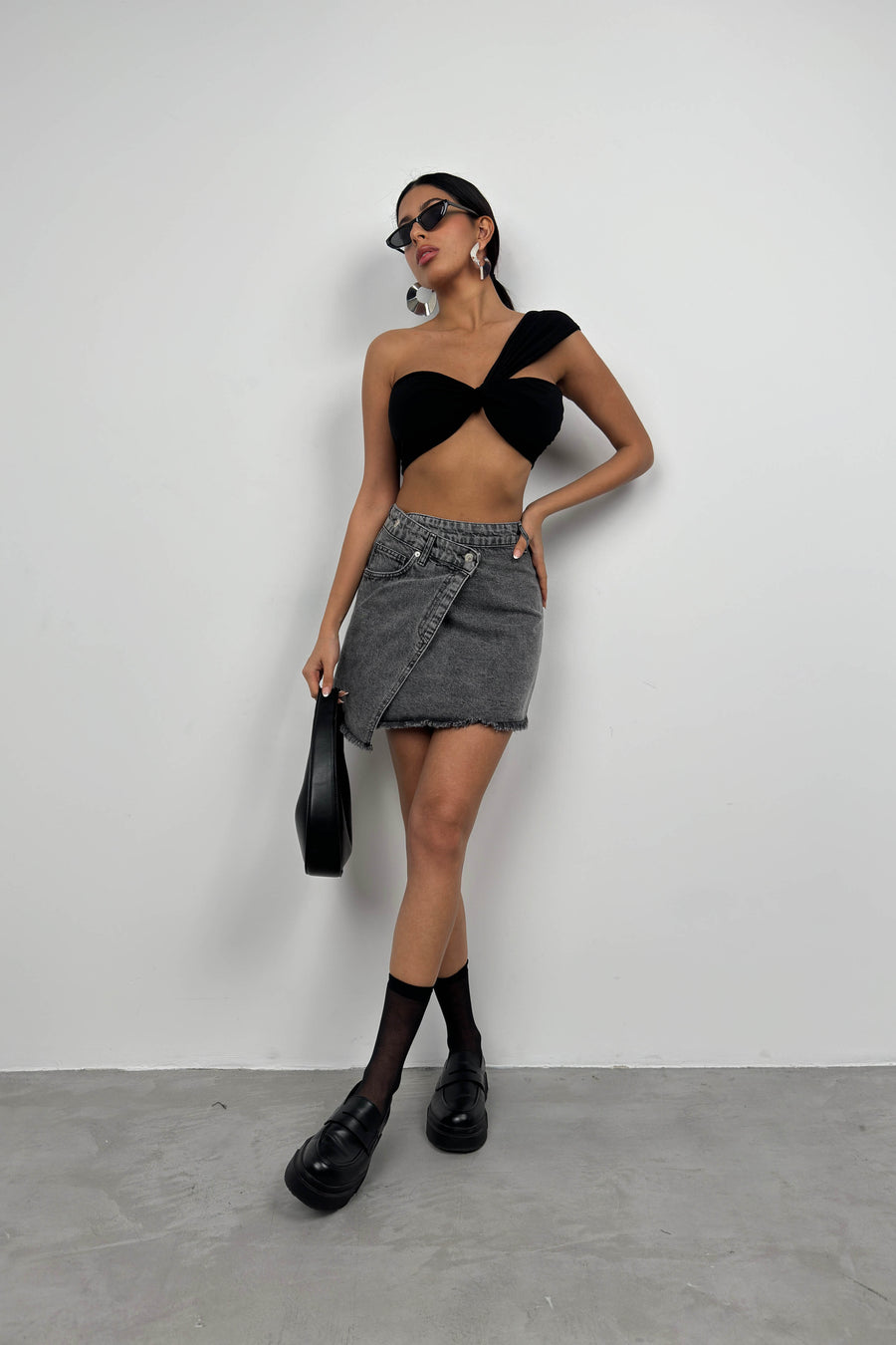 Asymmetrical Cut Gray Denim Skirt 