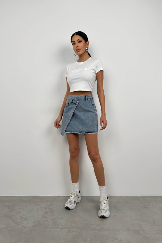 Asymmetric Cut Light Blue Denim Skirt 