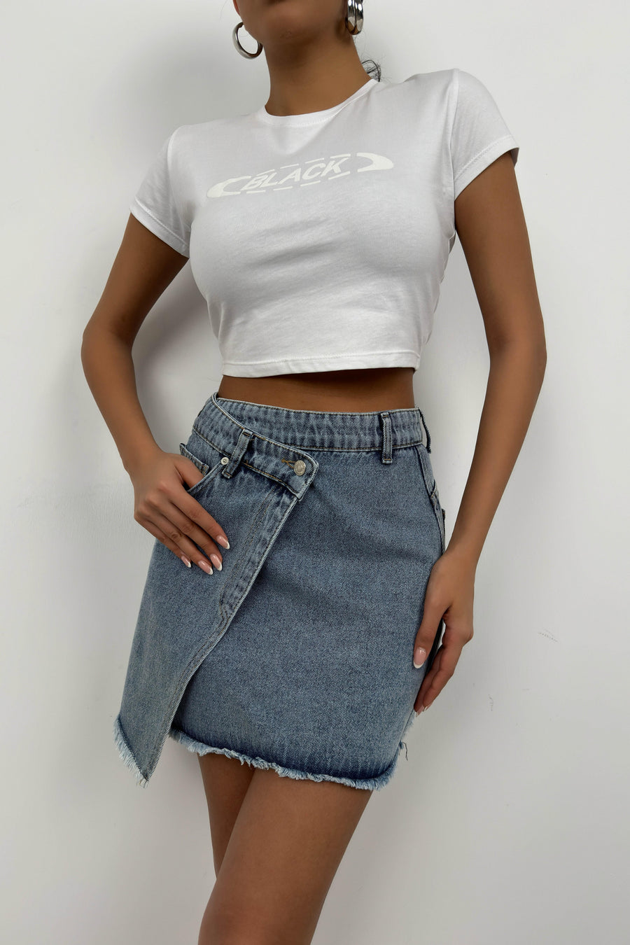 Asymmetric Cut Light Blue Denim Skirt 