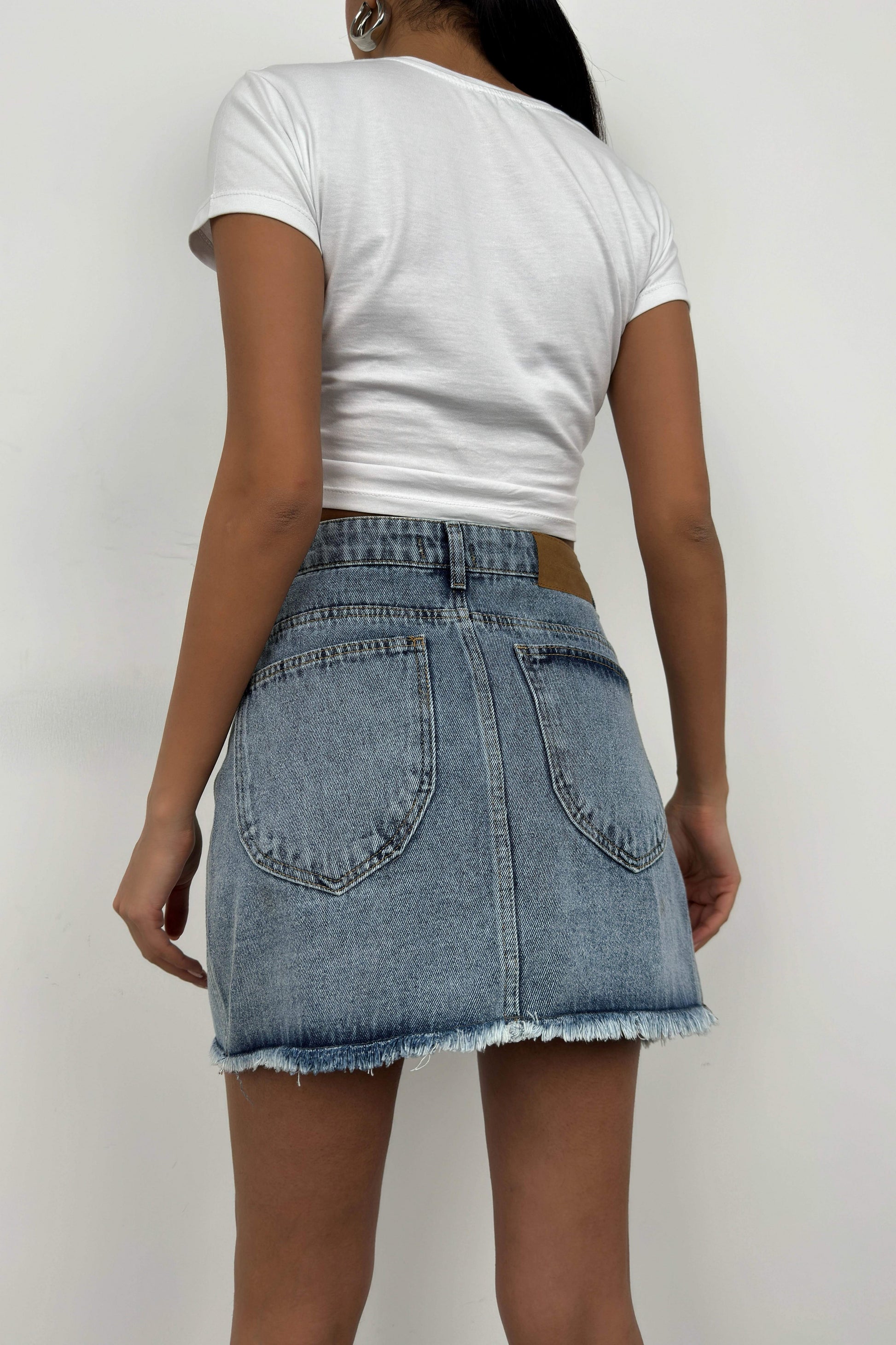 Asymmetric Cut Light Blue Denim Skirt 