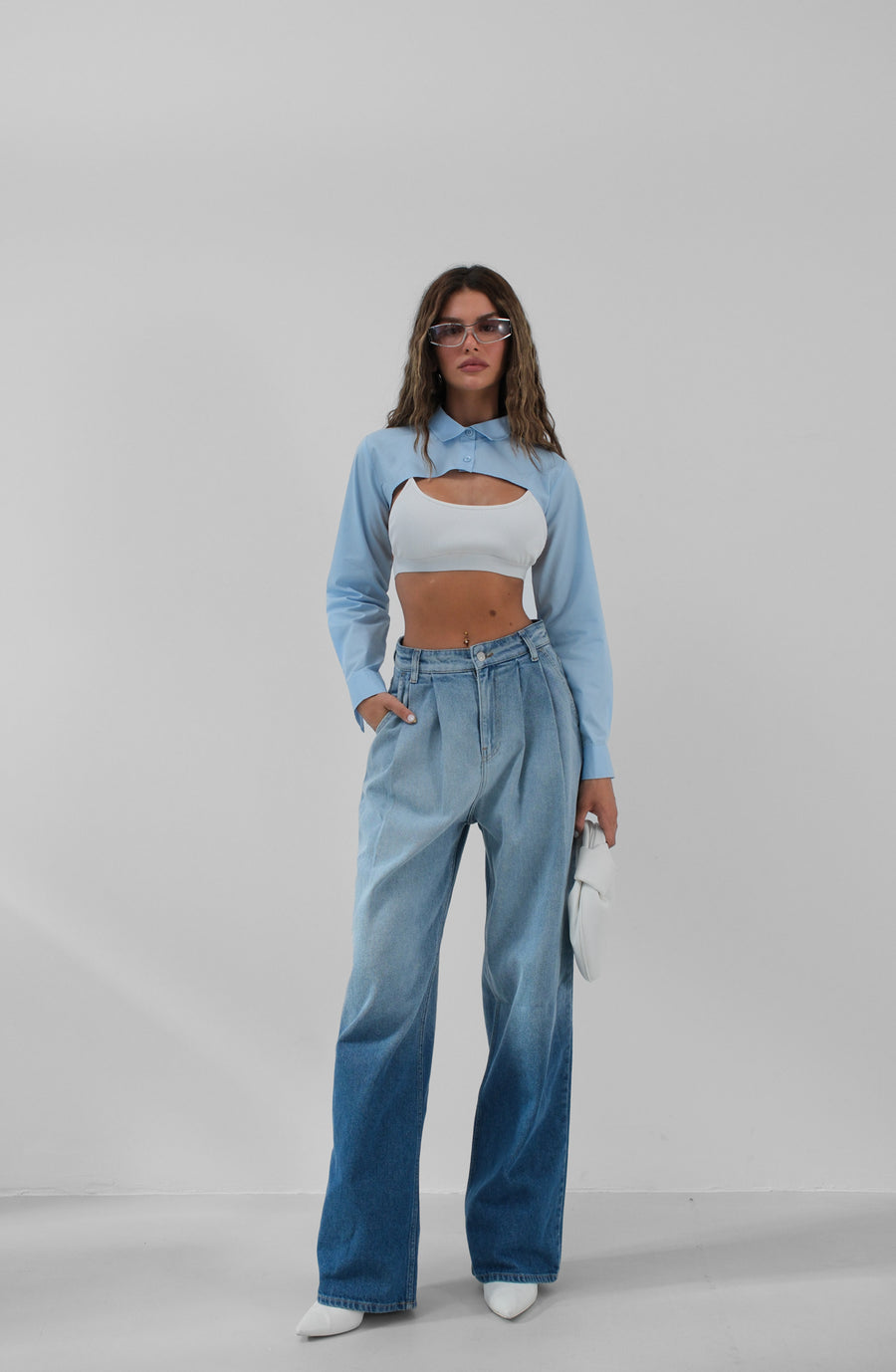 Asymmetric Cut Blue Crop Shirt 