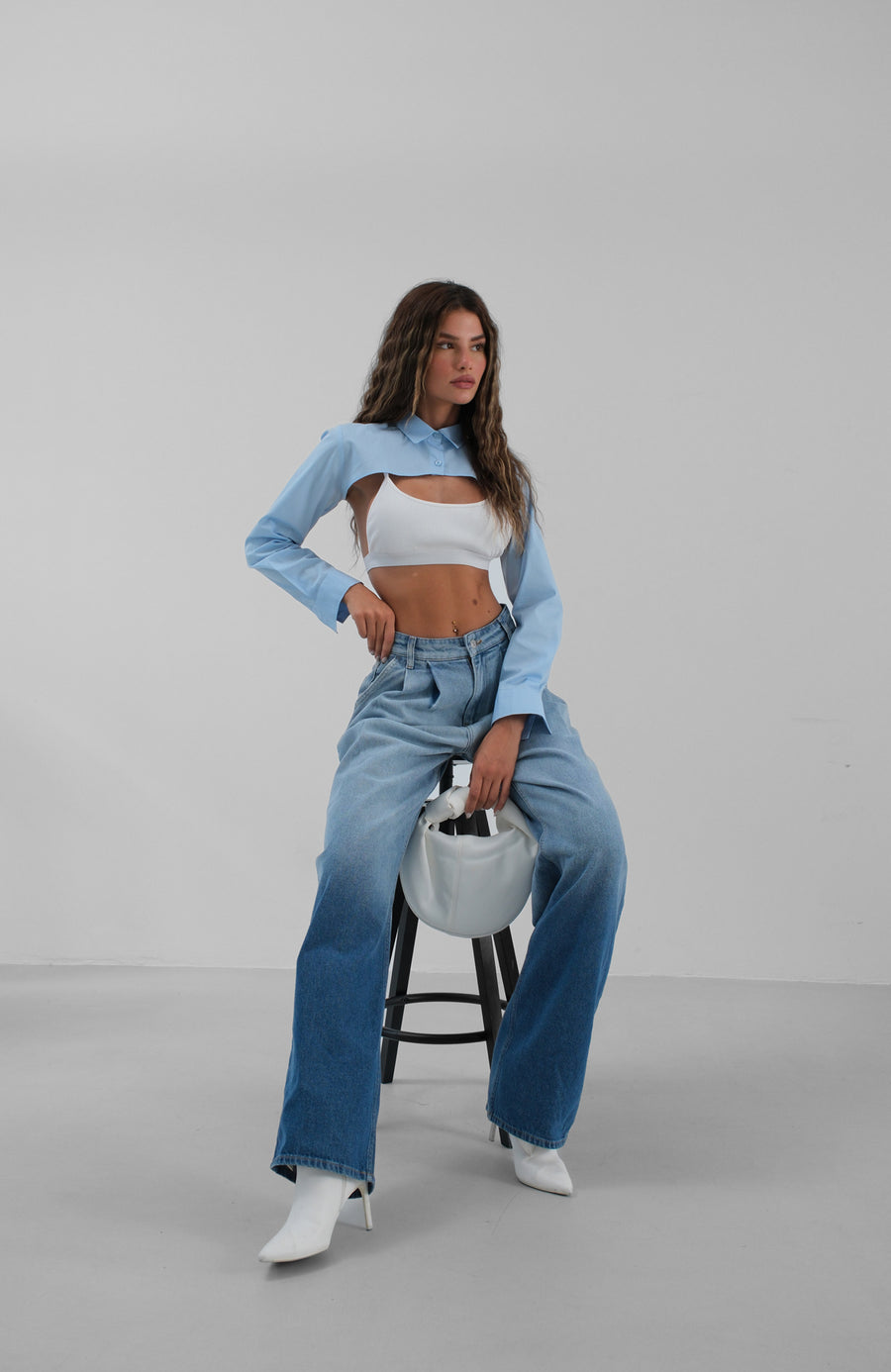 Asymmetric Cut Blue Crop Shirt 