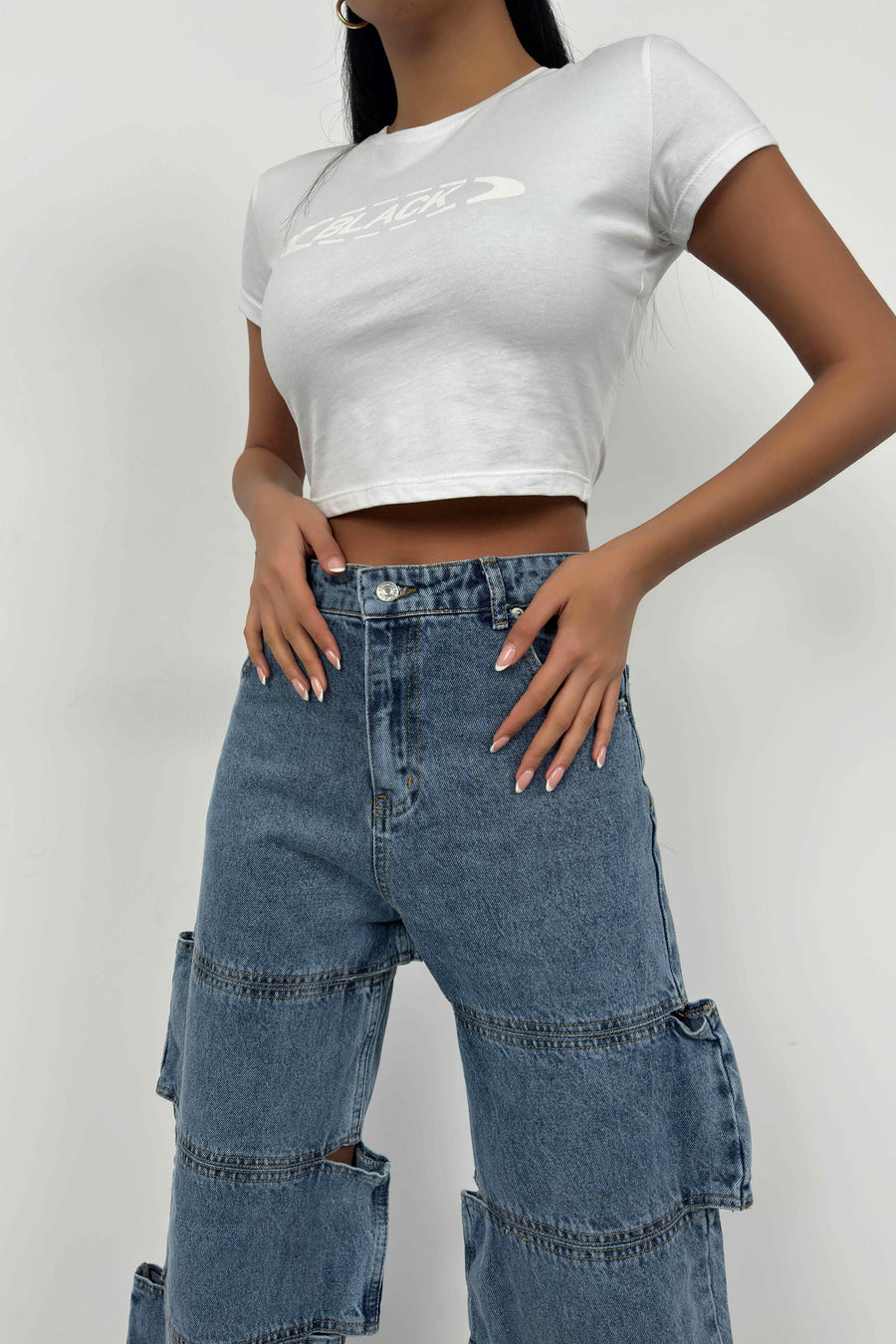 Asymmetrical Window Detail Dark Blue Jeans 