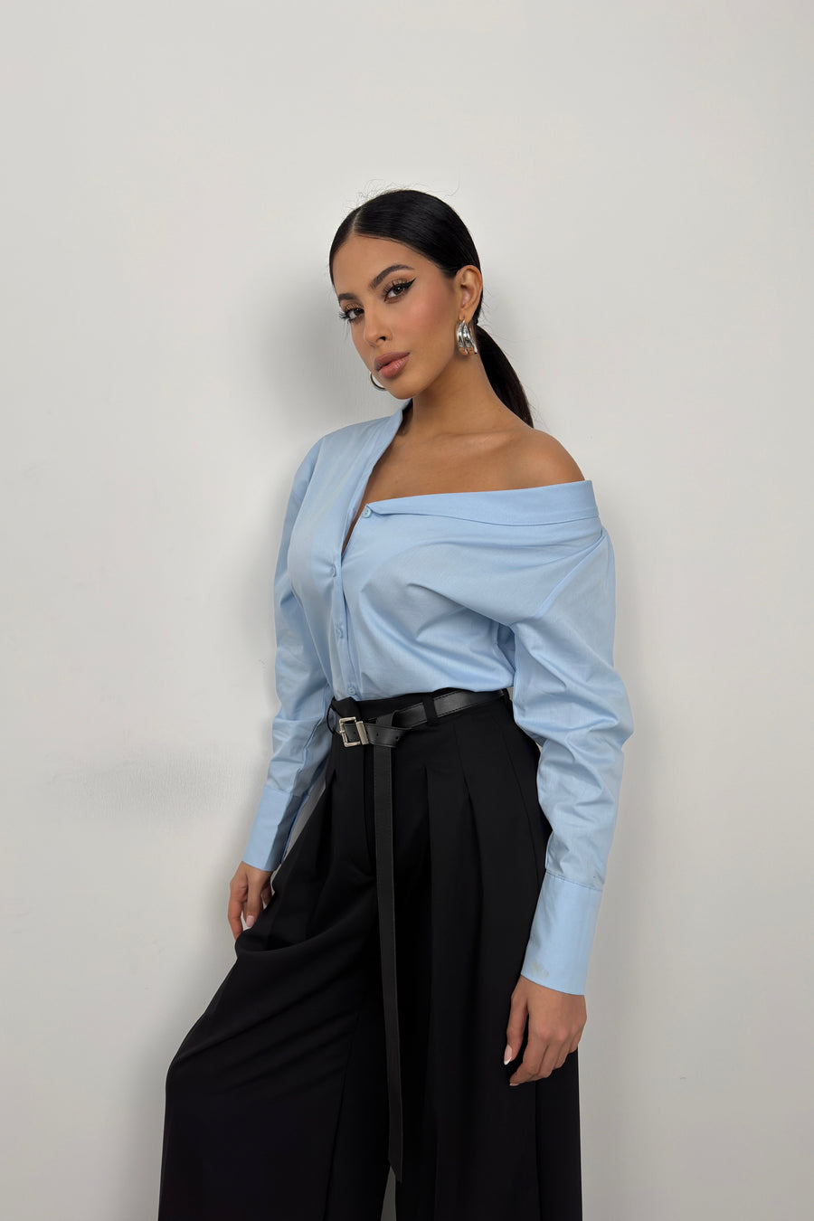 Asymmetric Shawl Collar Light Blue Shirt 