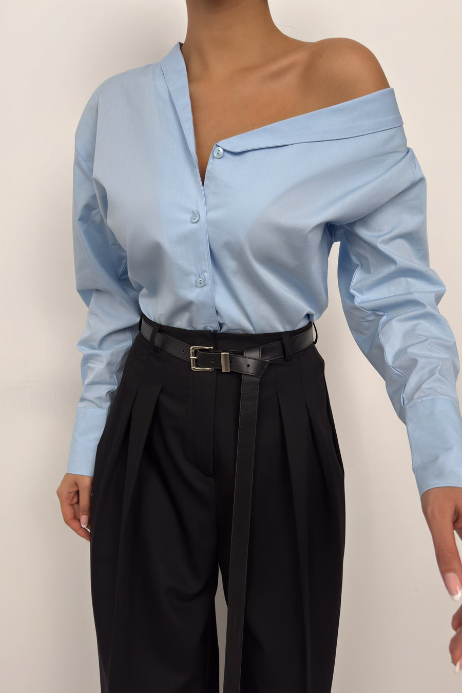 Asymmetric Shawl Collar Light Blue Shirt 