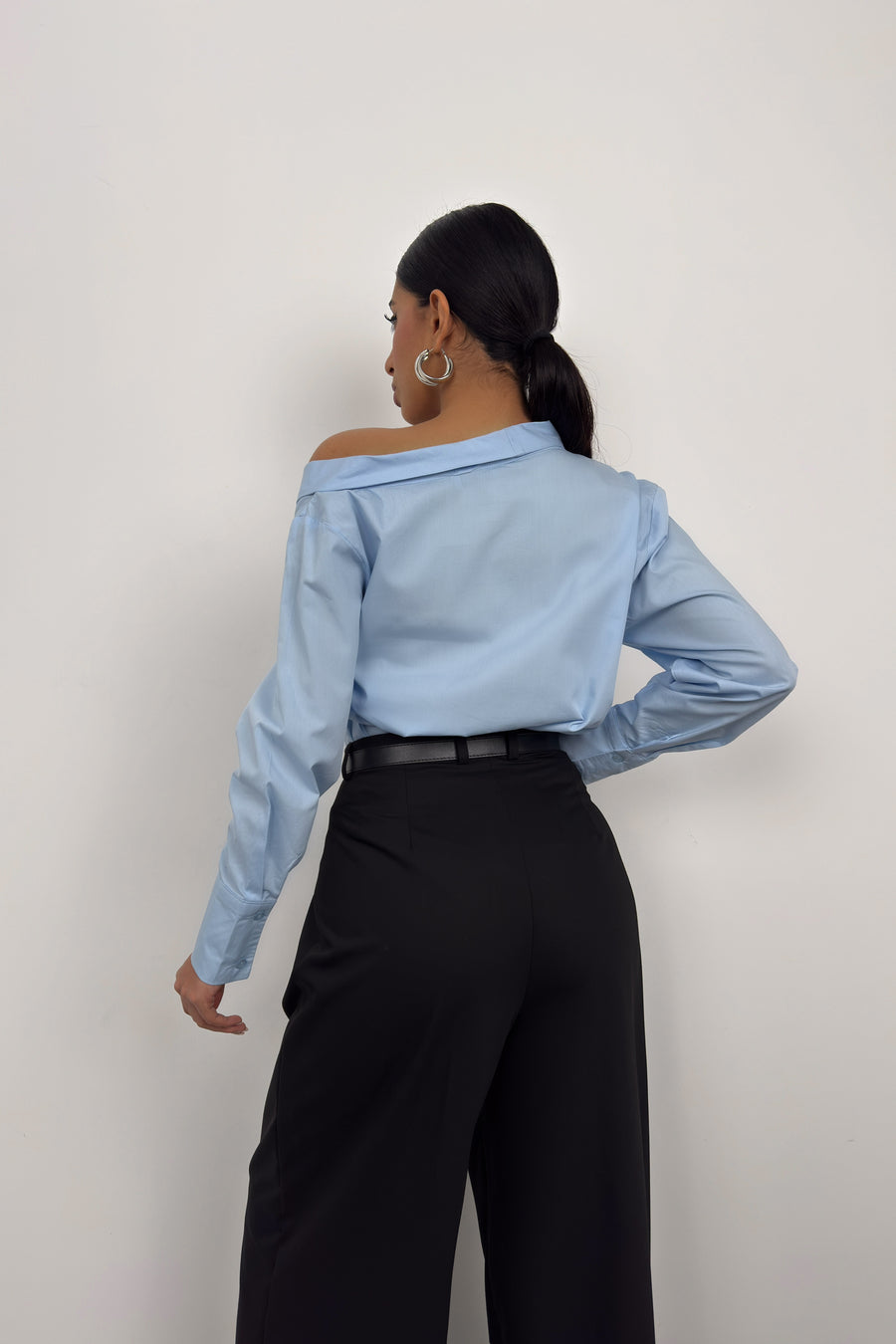 Asymmetric Shawl Collar Light Blue Shirt 