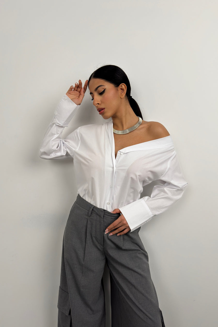 Asymmetric Shawl Collar White Shirt 