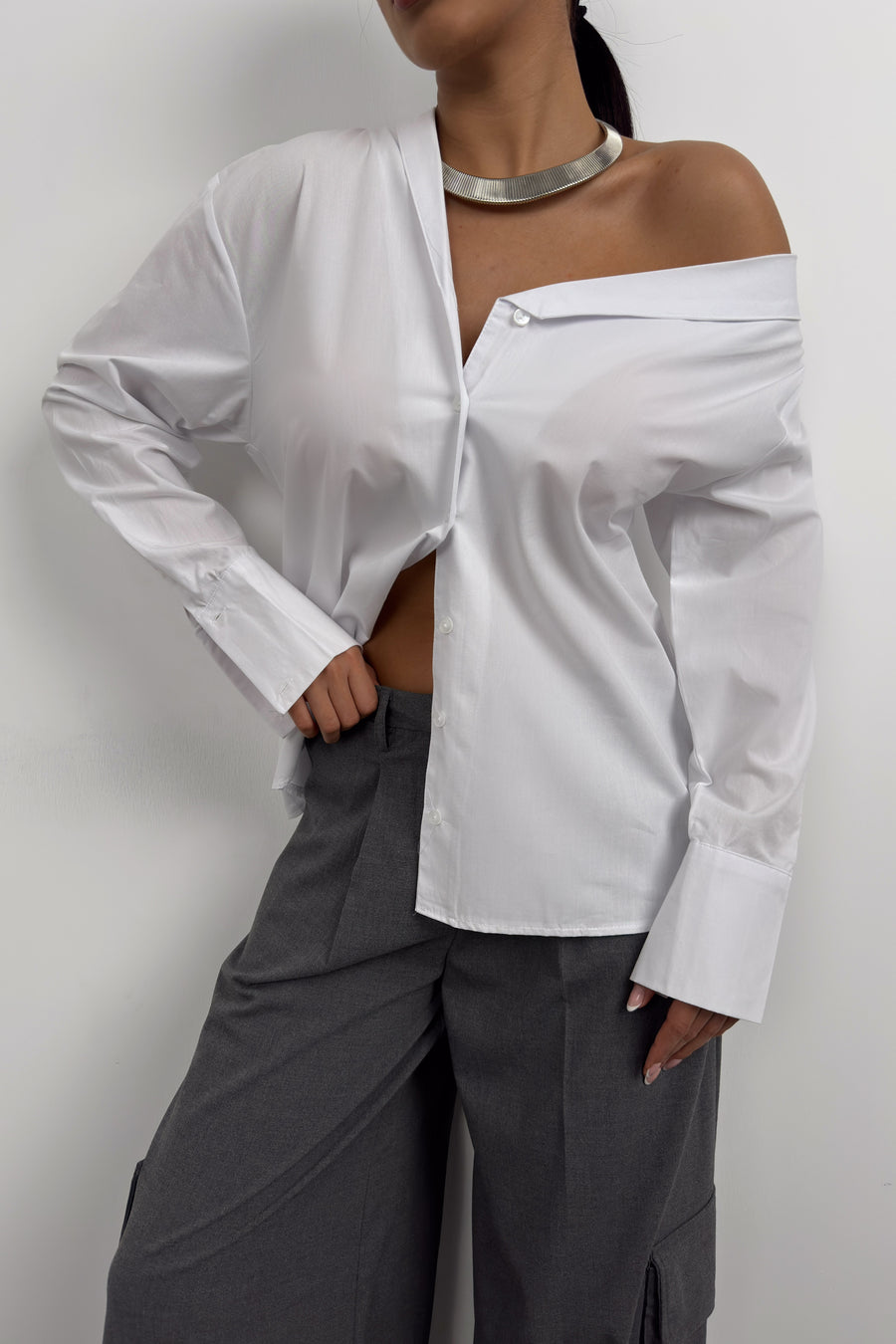 Asymmetric Shawl Collar White Shirt 