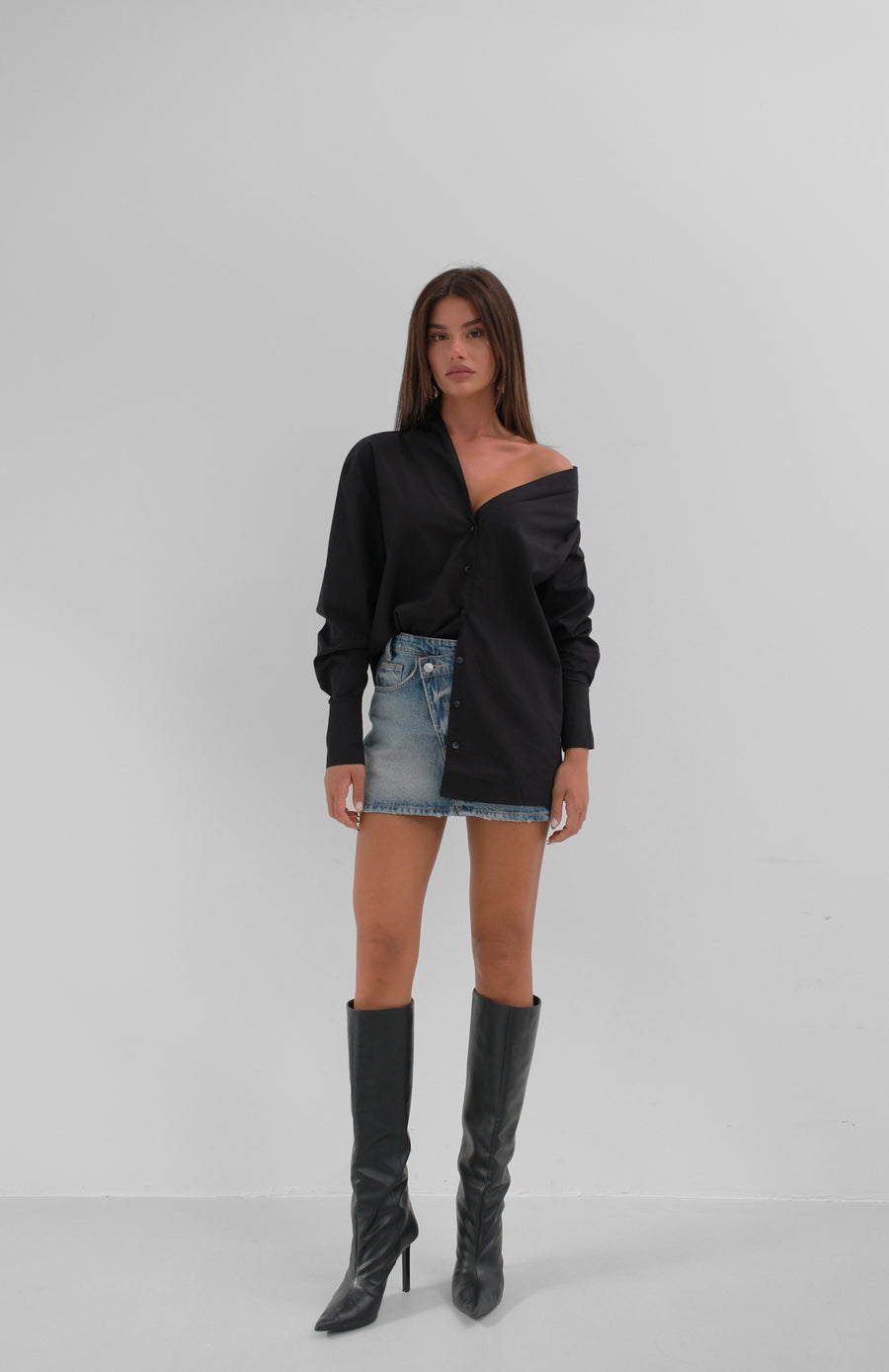 Asymmetric Shawl Collar Black Shirt