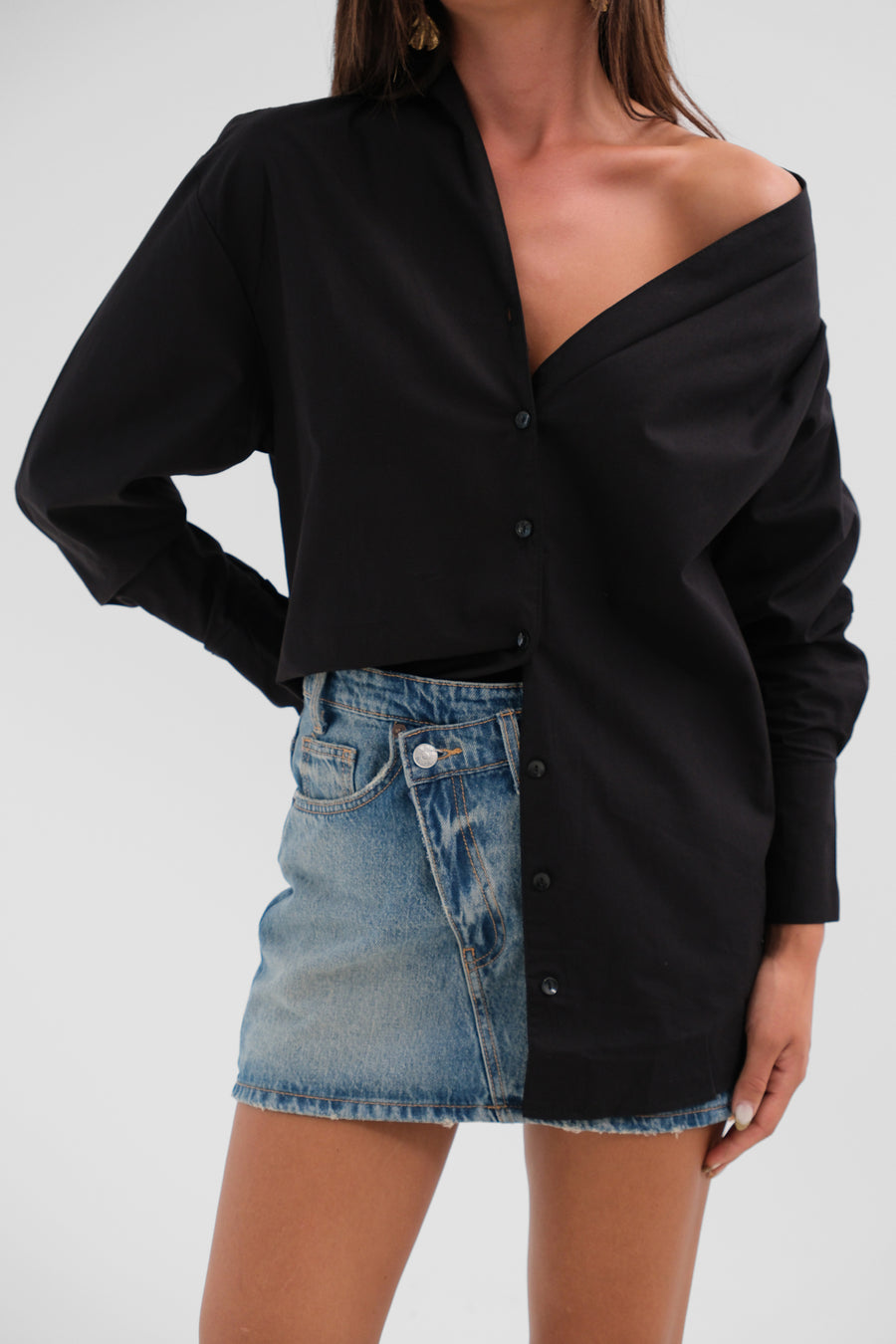 Asymmetric Shawl Collar Black Shirt