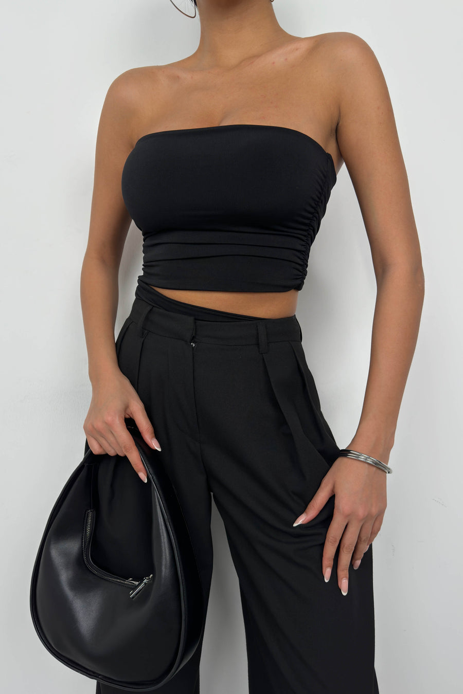 Asymmetrical Strapless Black Crop 