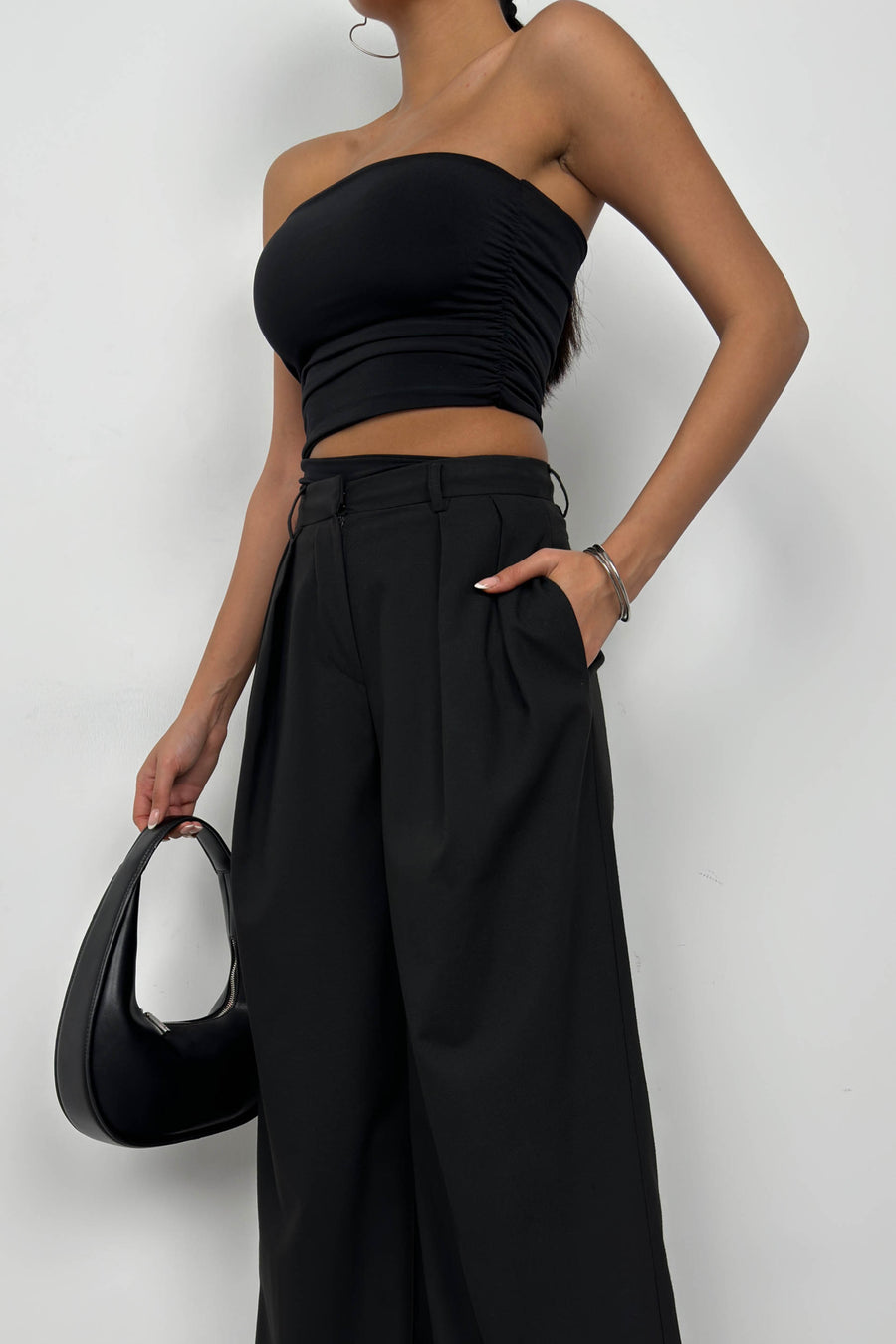 Asymmetrical Strapless Black Crop 