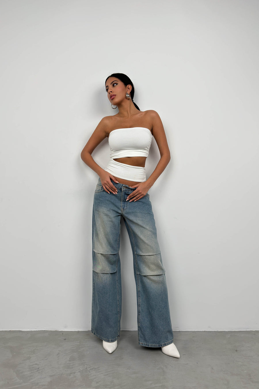 Asymmetrical Strapless Ecru Crop 