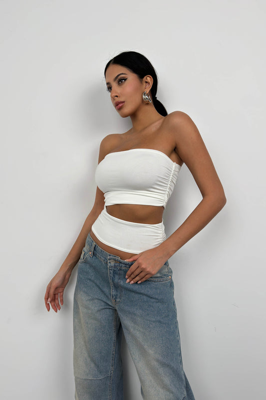 Asymmetrical Strapless Ecru Crop 