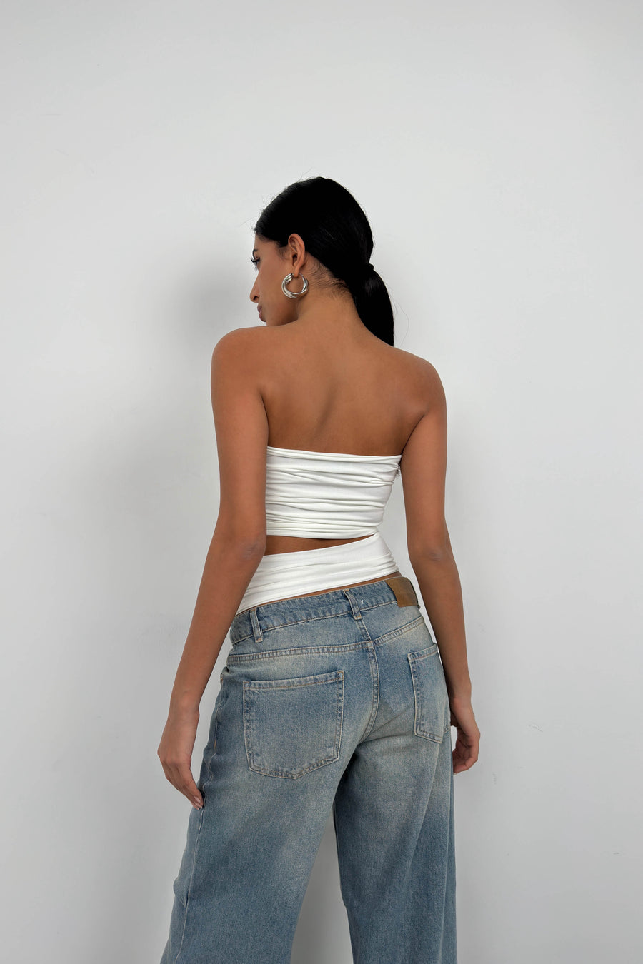 Asymmetrical Strapless Ecru Crop 