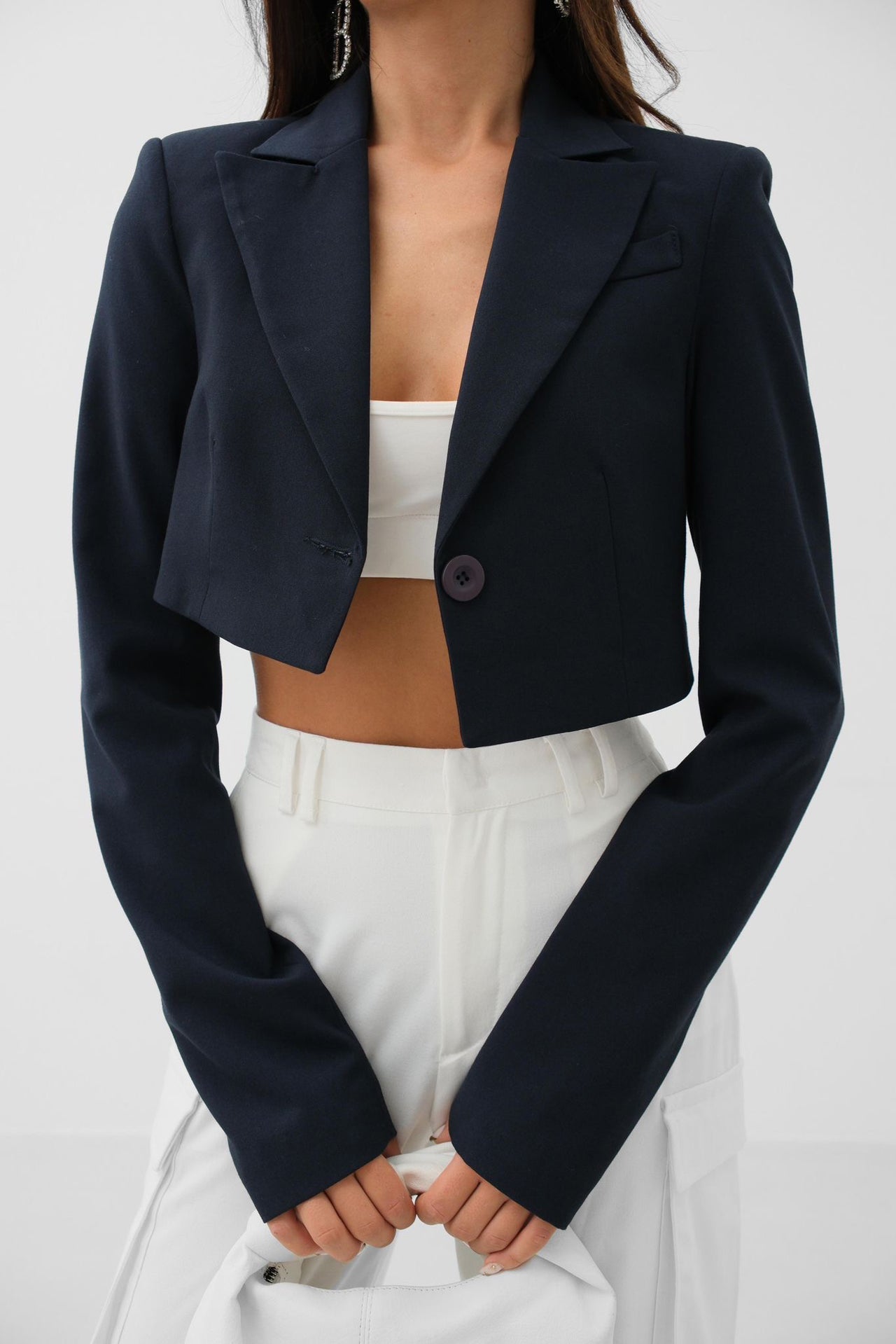 Asymmetrical Single Button Navy Blue Jacket 