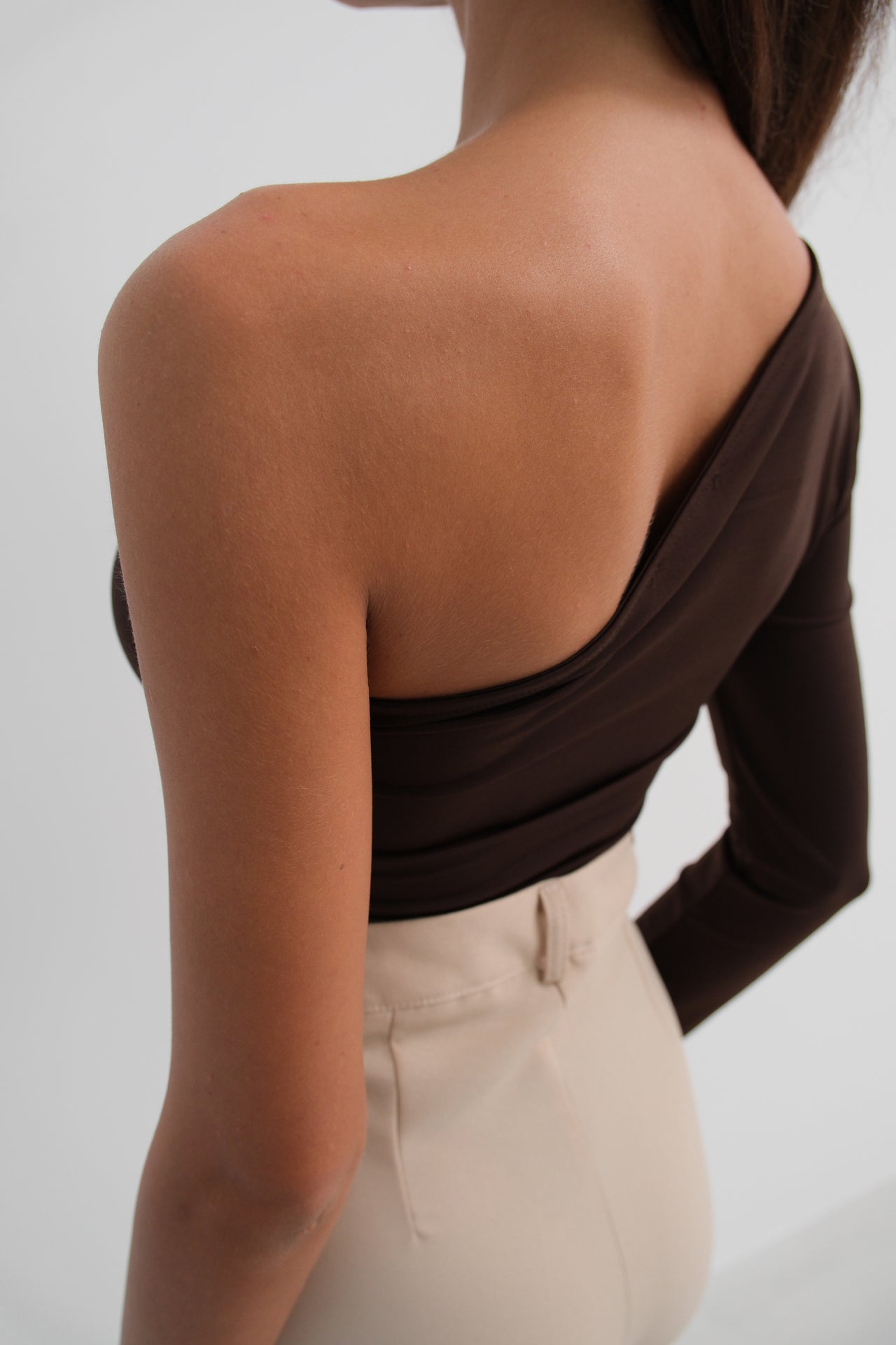 Asymmetrical One Shoulder Brown Crop Top 