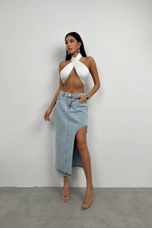 Asymmetrical Slit Blue Denim Skirt 