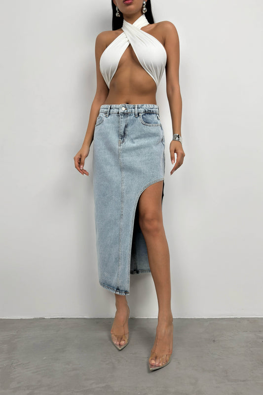 Asymmetrical Slit Blue Denim Skirt 