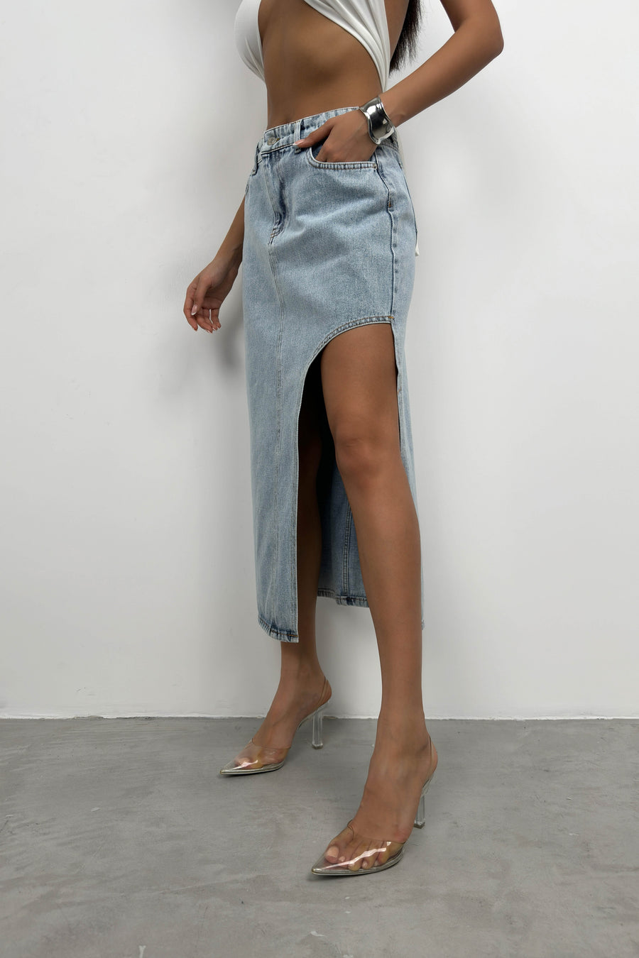 Asymmetrical Slit Blue Denim Skirt 