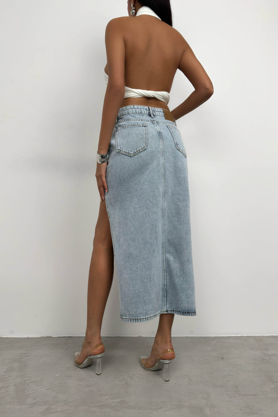 Asymmetrical Slit Blue Denim Skirt 