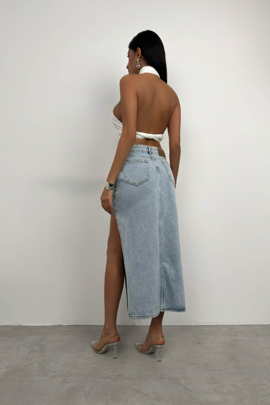 Asymmetrical Slit Blue Denim Skirt 