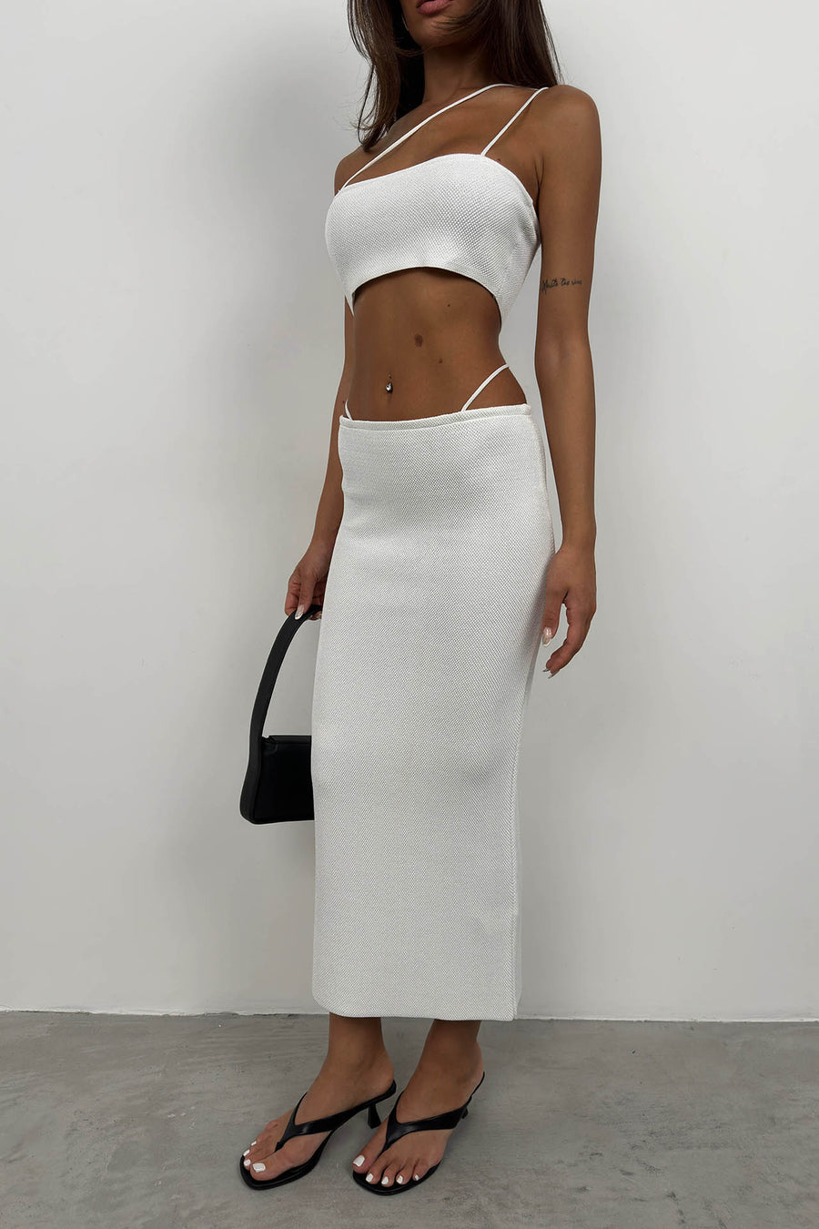 Strap Detail Textured Ecru Strapless Crop 