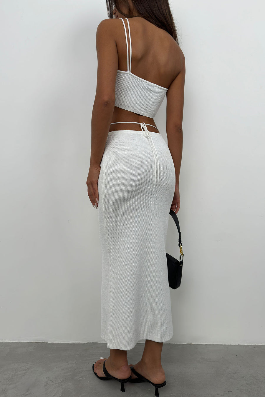 Strap Detail Textured Ecru Strapless Crop 