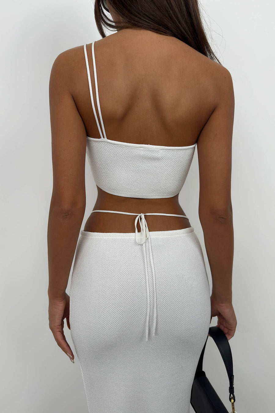 Strap Detail Textured Ecru Strapless Crop 