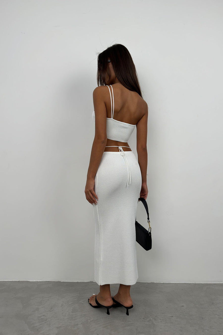 Strap Detail Textured Ecru Strapless Crop 