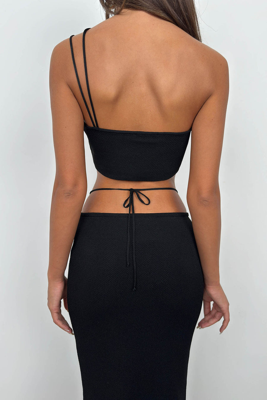 Strap Detail Textured Black Strapless Crop 