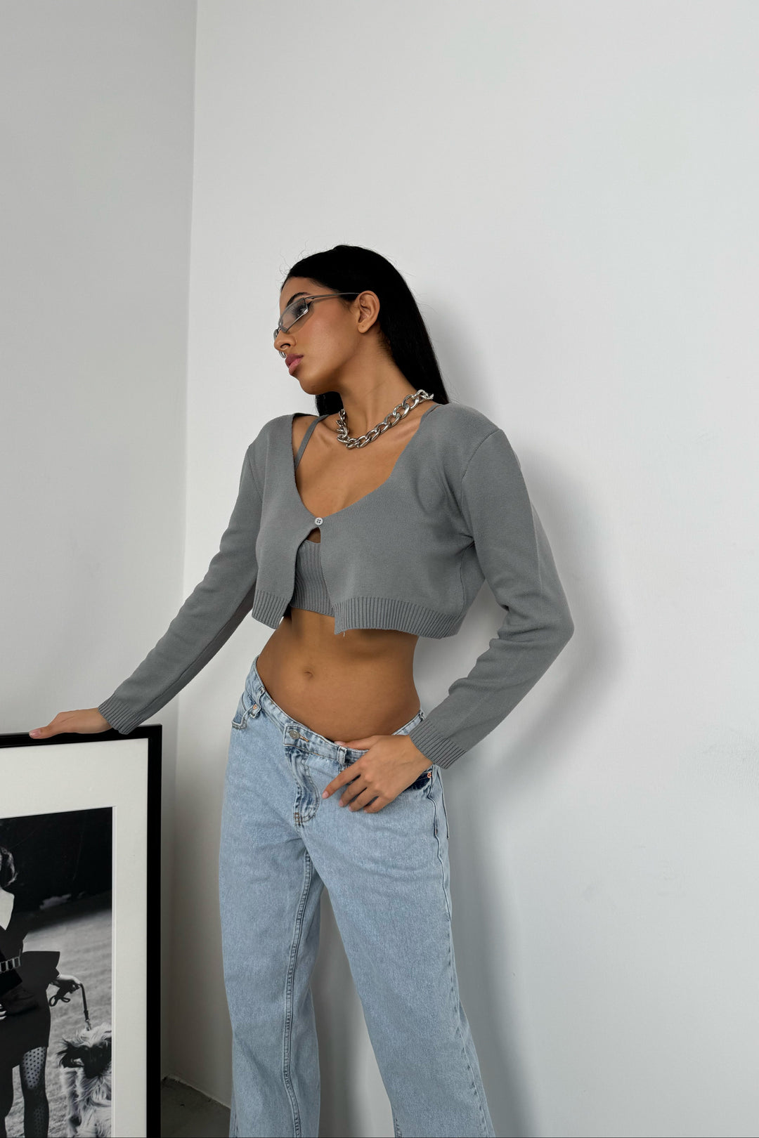 Askılı Bluz Hırka Gri Triko Takım