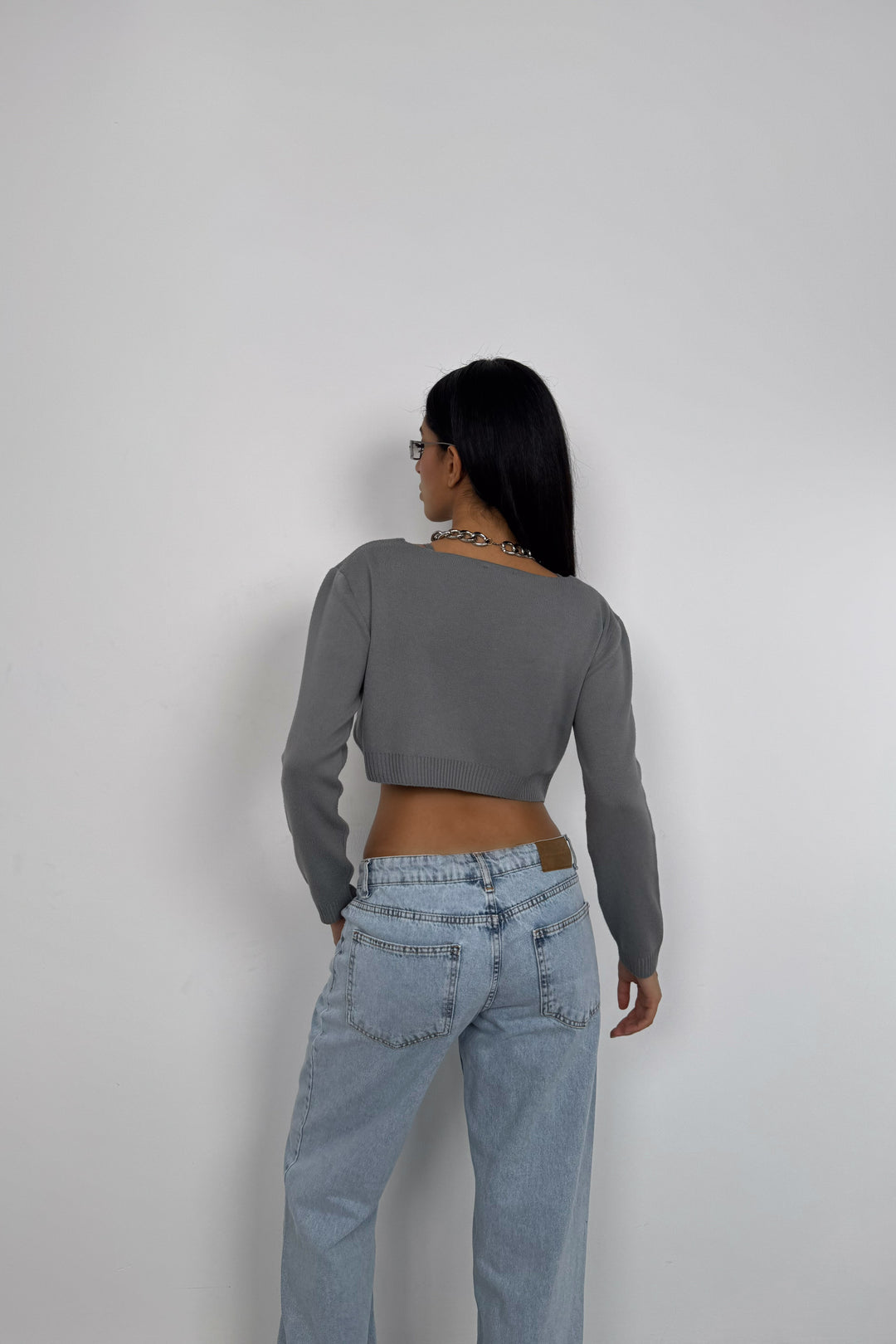 Askılı Bluz Hırka Gri Triko Takım